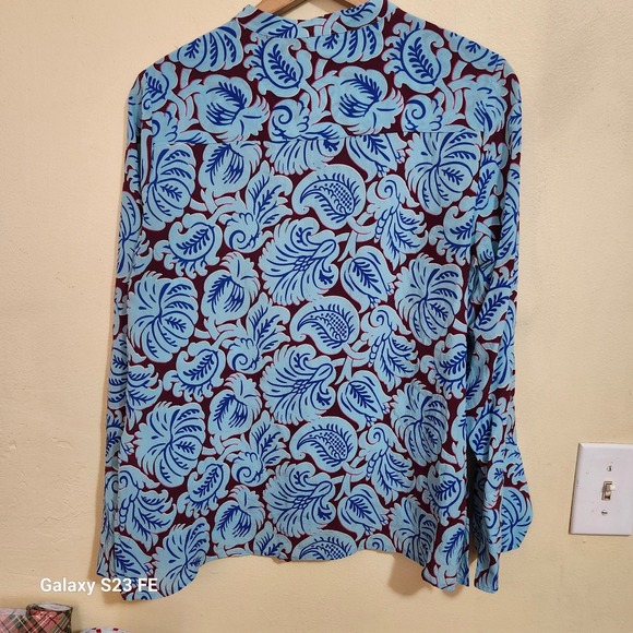 J Crew Womens Med Silk Tunic Top  Aqua Paisley Print Band Collar Long Sleeves - Picture 2 of 8